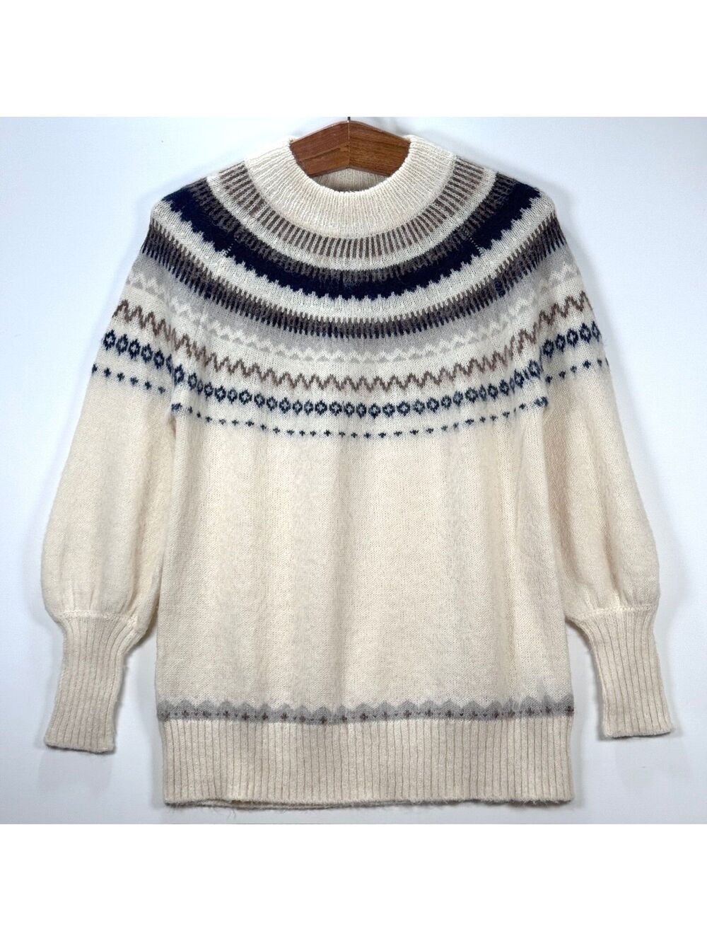 J.Crew Fair Isle Yoke Puff-Sleeve Ivory Sweater - XS